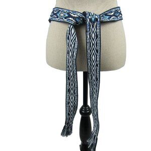 Chico's Belt Sash Tie Woven Embellished Blue White Size S/M NEW Tribal Boho